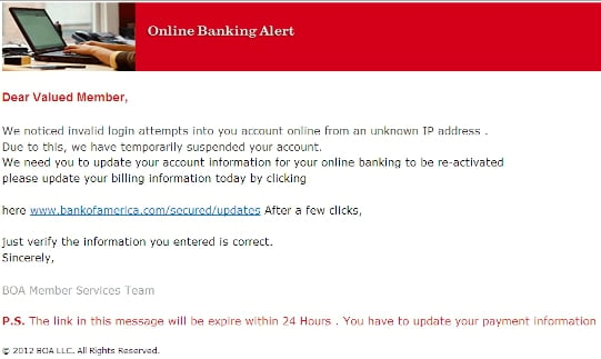 Bank of America Online Alert Phishing Scam Email