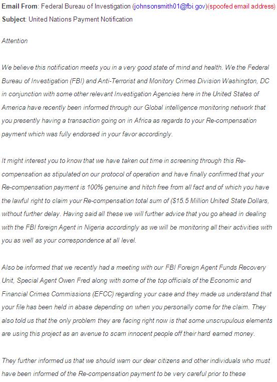 United Nations Payment Notification From FBI Scam