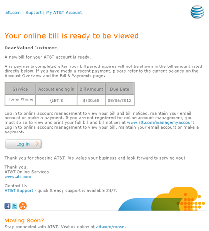 Fake Email: Your AT&T bill is ready to be viewed