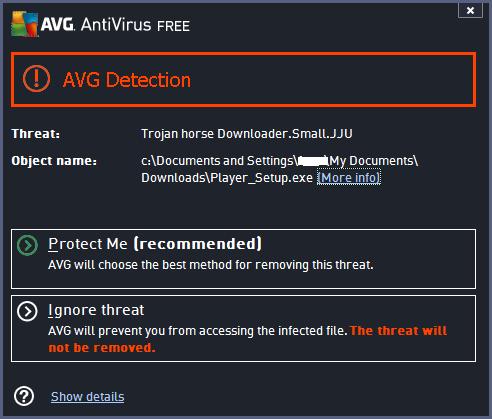 Antivirus software AVG Detecting the Trojan horse Downloader.Small.JJU
