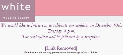 White Wedding Agency Invitation Malicious Email Message
