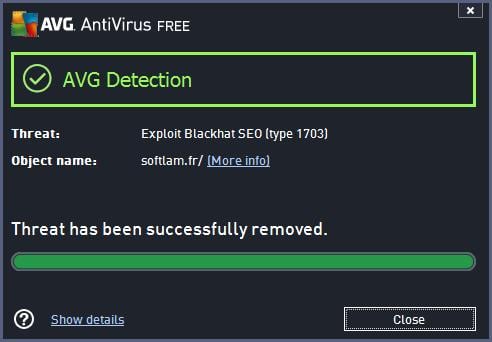 AVG Blocking the "Exploit Blackhat SEO (type 1703)" exploit on the website hxxp://softlam . fr/