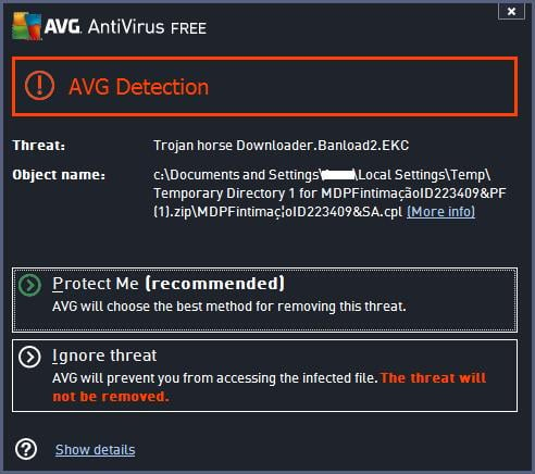 AVG Free antivirus software blocking the Trojan horse Downloader.Banload2.EKC