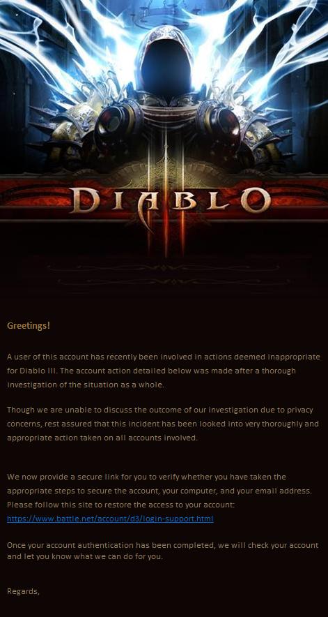 Diablo III Phishing Scam Email - Account Security Alert Battle.net