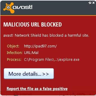 Avast blocking malicious website IPAD97.com