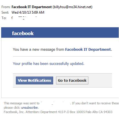 fake Facebook spam e-mail message