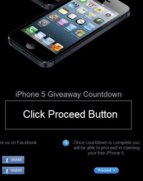 False Advertising: IPhone 5 Giveaway Countdown website theiphonepage.com: Click Proceed Button