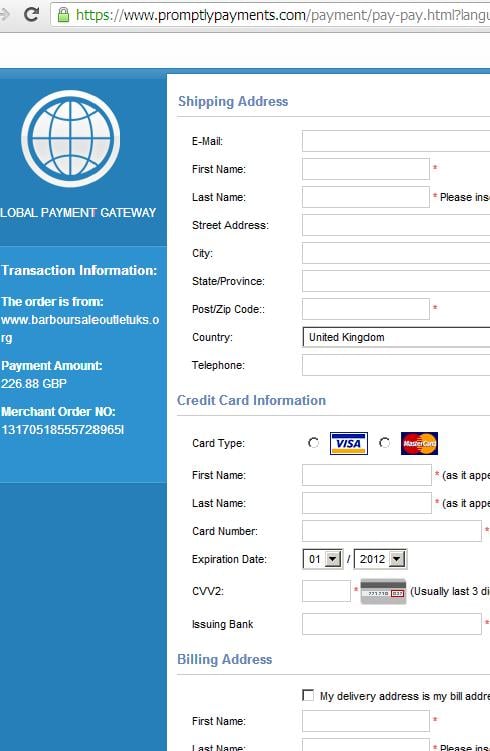 Fraudulent Credit Card Payment Processor Website: www.promptlypayments.com
