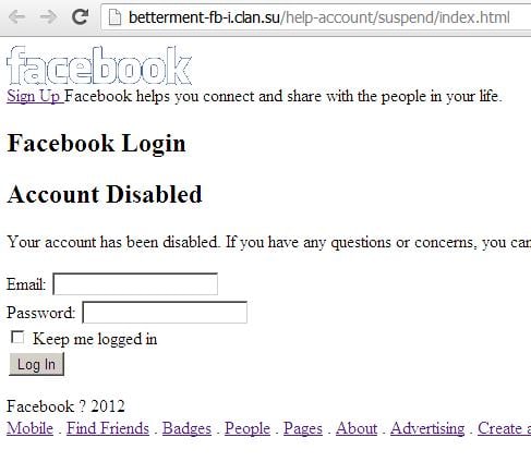 Facebook phishing web page: betterment-fb-i.clan.su/help-account/suspend/index.html