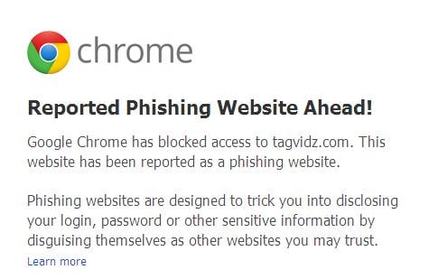 Google Chrome Web Browser Blocking the Phishing Website www.Tagvidz.com