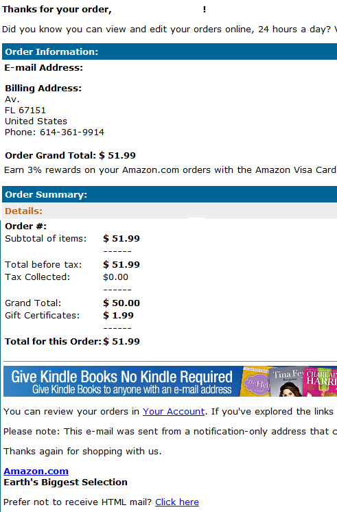 Malicious Amazon Kindle E-book Order Receipt email