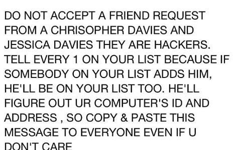 Do Not Accept A Friend Request From A Chrisopher Davies and Jessica Davies