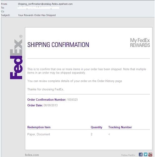 FedEx Fake Shipping Confirmation Email-Your Rewards Order Has Shipped