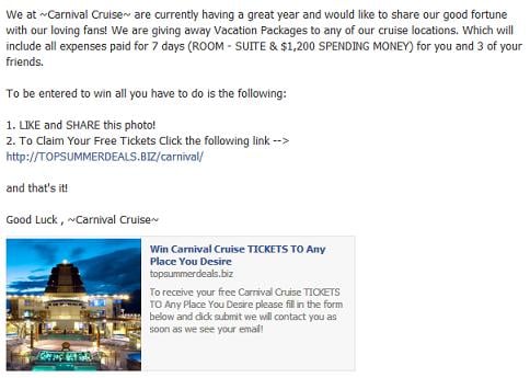 Win Carnival Cruise TICKETS TO Any Place You Desire Facebook Post