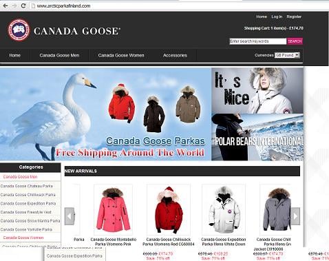 Fake E-commerce website www.arcticparkafinland.com