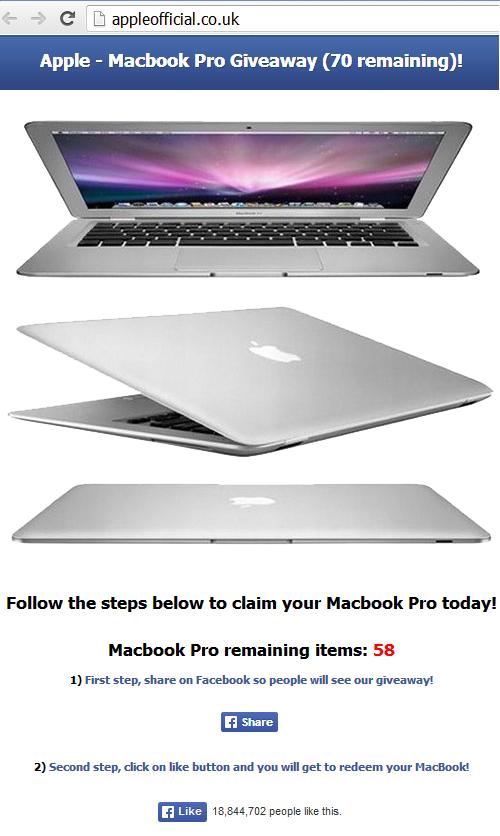 The Fake Apple Macbook Pro Giveaway Facebook website appleofficial.co.uk