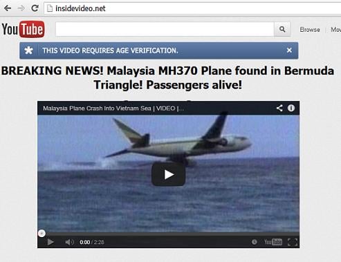 The Fake YouTube Looking website: www.insidevideo.net - Malaysia MH370 Plane found