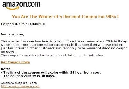 Fake Amazon Email - You Are The Winner Of a Discount Coupon