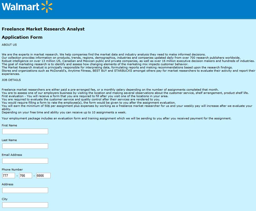 ... Scam: Walmart Freelance Market Research Analyst Application Form