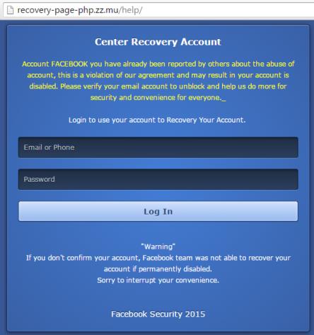 Fake Facebook website: recovery-page-php .zz.mu