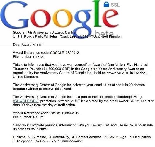 Google 17 Years Anniversary Awards Lottery Scam