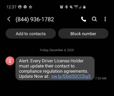 NYS DMV Text Scam - Update Contact Information