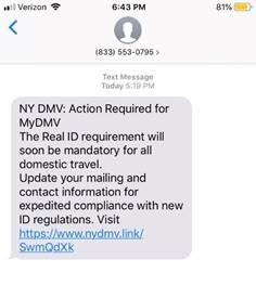 NYS DMV Text Scam - Action Required - Update Contact Information