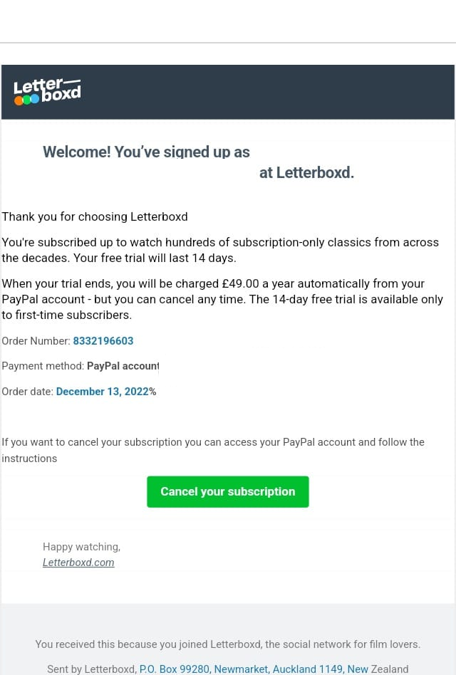PayPal Letterboxd Subscription Email Scam,  letter boxd scam, letterboxed scam