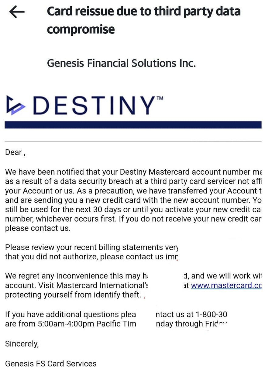 genesis financial solutions destiny card scam