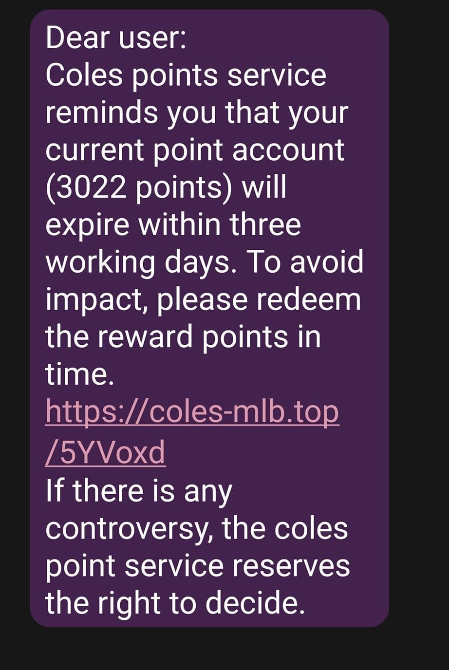 Coles Points Scam Text