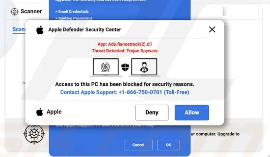 Apple Defender Security Center Scam Popup Message