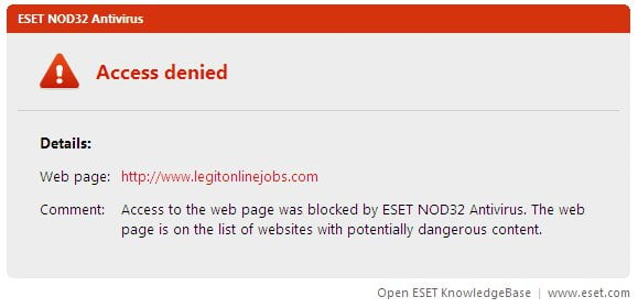 ESET Blocking website www.legitonlinejobs.com