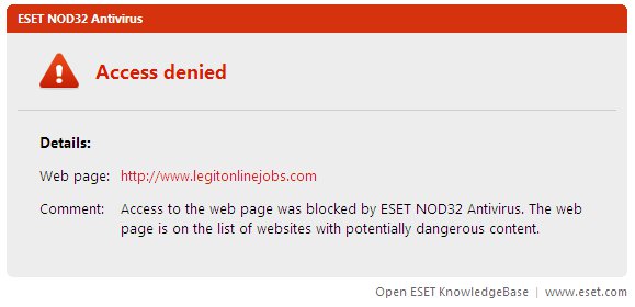 ESET Blocking website www.legitonlinejobs.com