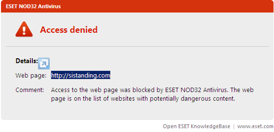 ESET Blocking Website sistanding.com