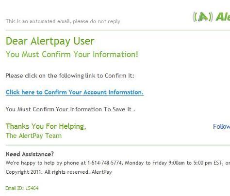 AlertPay Account Confirmation Phishing Scam