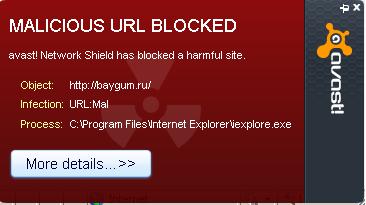 Avast blocking the malicious website baygum.ru