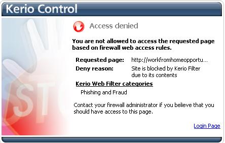 Kerio Web Filter blocking the malicious website workfromhomeopportunity.ru