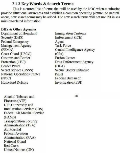 Keywords and phrases use by The Department of Homeland Security to spy on social networking sites and other online media.