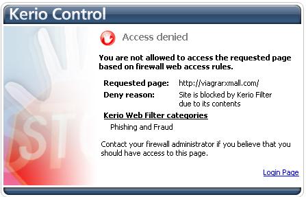 Kerio web filter blocking the fraudulent website