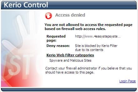 Kerio Web Filter blocking the malicious website (www.4easystepsystem.com)