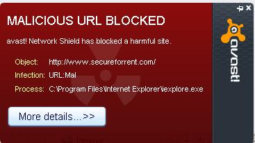 Avast Free Anti-virus blocking the malicious website (www.secureforrent.com)