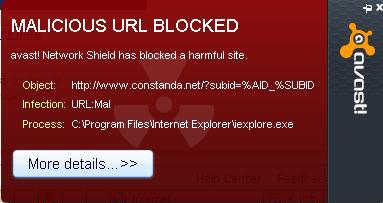 Avast Free Antir-virus software blocking the malicious website www.constanda.net