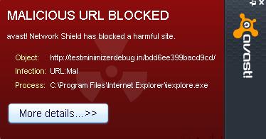 Avast blocking the malicious website testminimizerdebug.in
