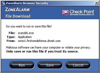 Malicious file scandsk.exe download ZoneAlarm