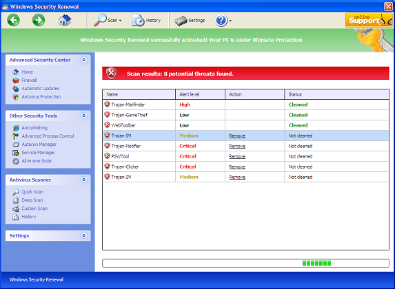 Windows Security Renewal displaying a fake report of potential threats on your computer