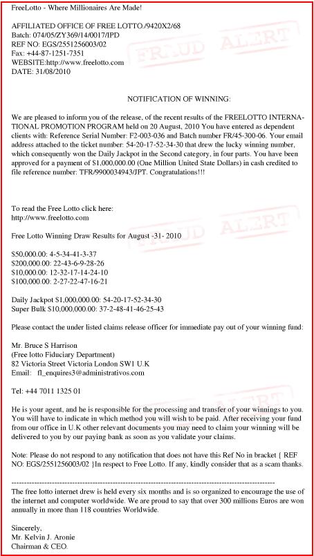 freelotto fraudulent e-mail message