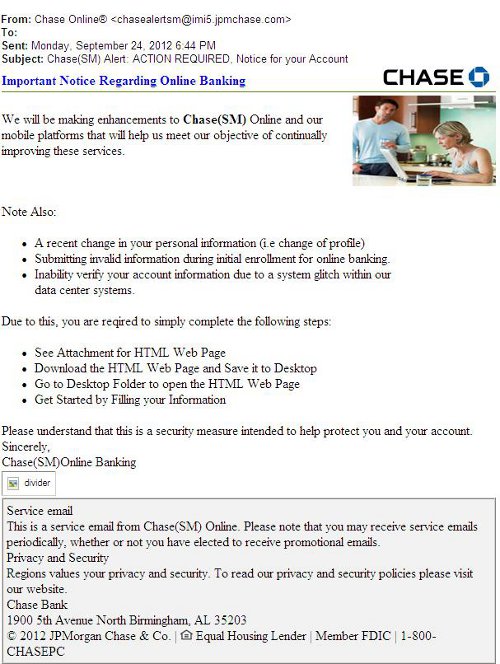 A copy of the Chase Online Fraudulent Email Message