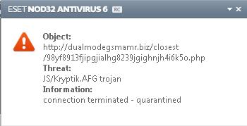 ESET antivirus blocking the Trojan from downloading from the malicious website dualmodegsmamr.biz