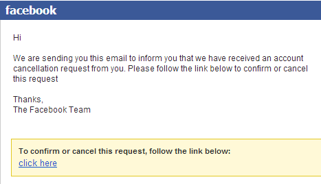 Facebook Account Cancellation Request malicious emails