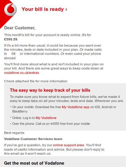 Your Bill Is Ready - Virus Vodafone Monthly Bill Email Message